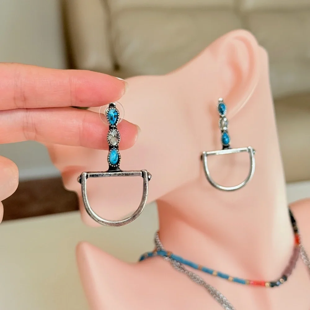 Silver-Tone Turquoise Drop Hoop Earrings - Women Jewelry